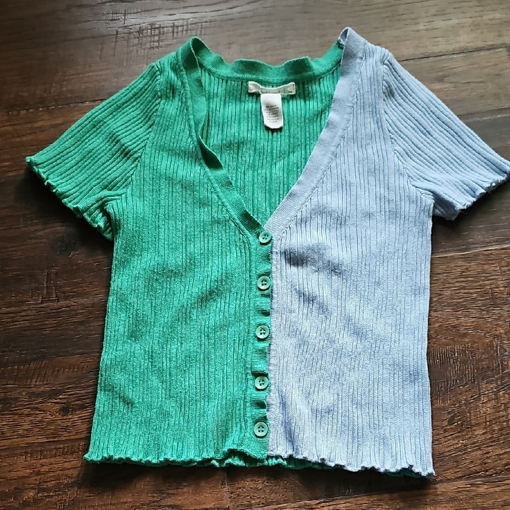 Full Tilt Green and Blue Ribbed Button-Up Blouse
